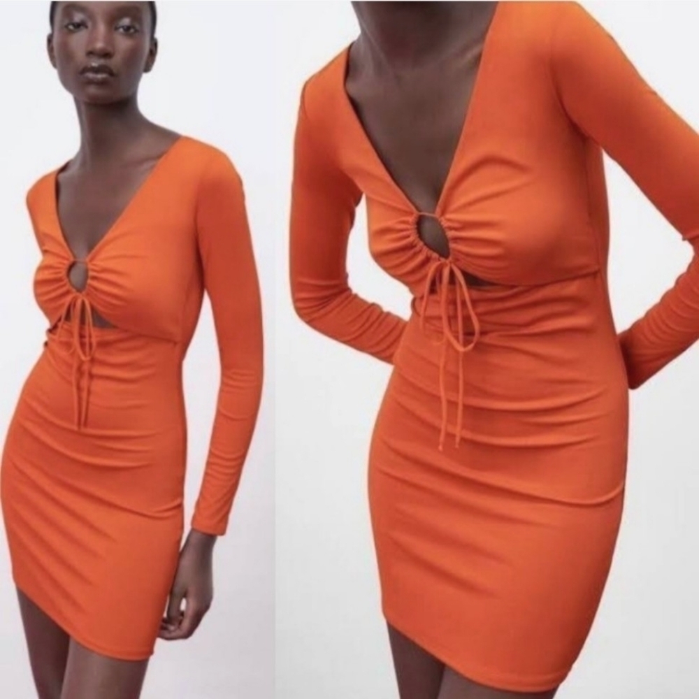Zara Orange‎ Cut Out Stretchy Bodycon Long-sleeve Mini Dress